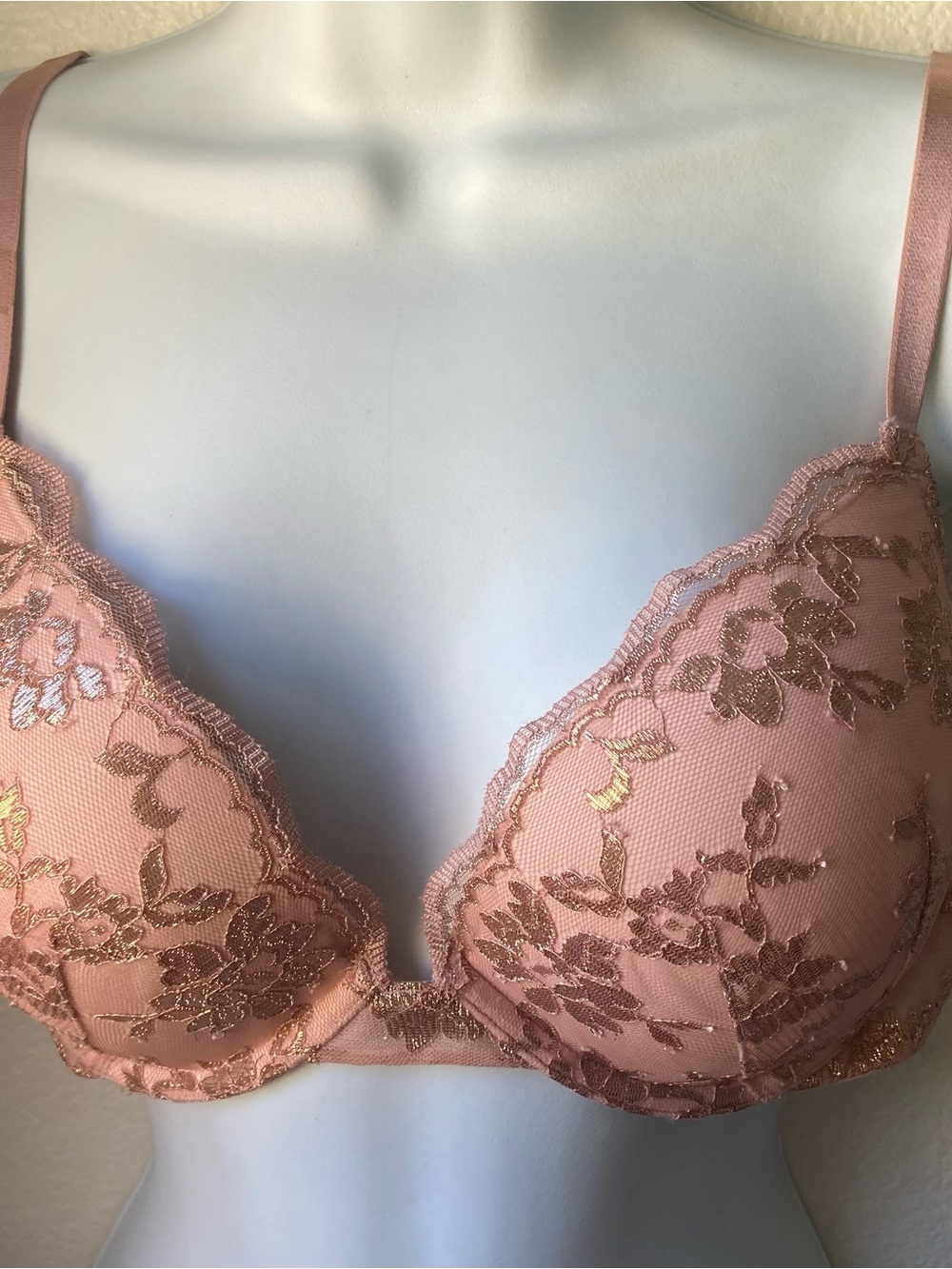 Victoria K Rose Blush Lace Plunge Bra with Metallic Threads